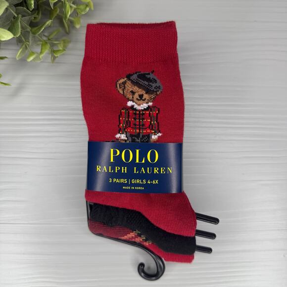 Polo Ralph Lauren Girl's Socks Polo Bear Set of 3 pairs 10-13 shoes / 4-6x socks - Picture 1 of 7